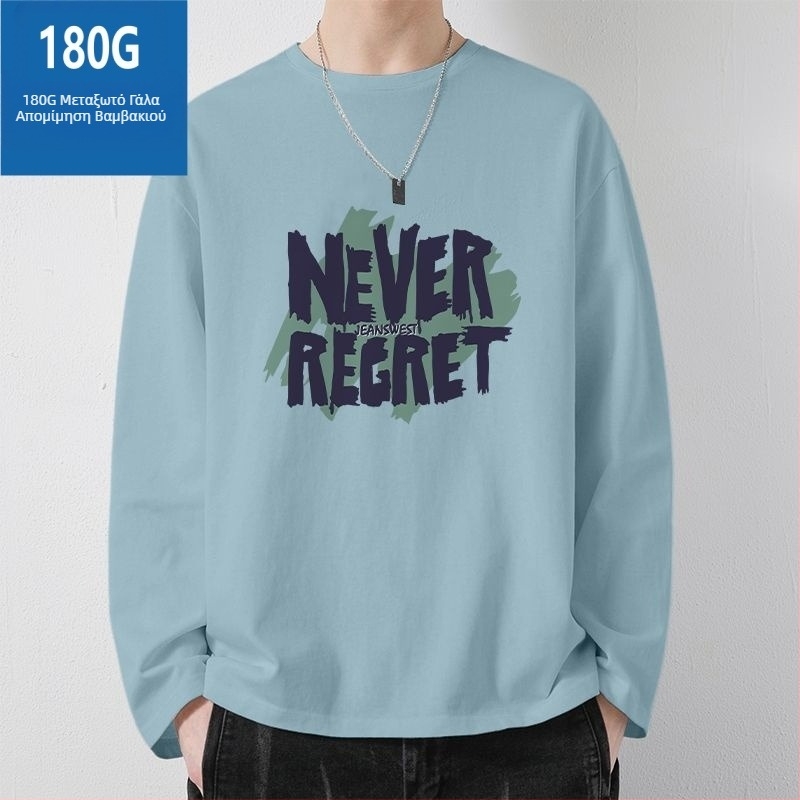 Ανδρικό μακρυ–μανικό T‑shirt με εκτύπωση γραμμάτων, 180 g, ύφασμα milk-silk που μιμείται το βαμβάκι, βασικό στρώμα φθινοπωρινό-χειμερινό, αμερικανικό στυλ, ευέλικτο