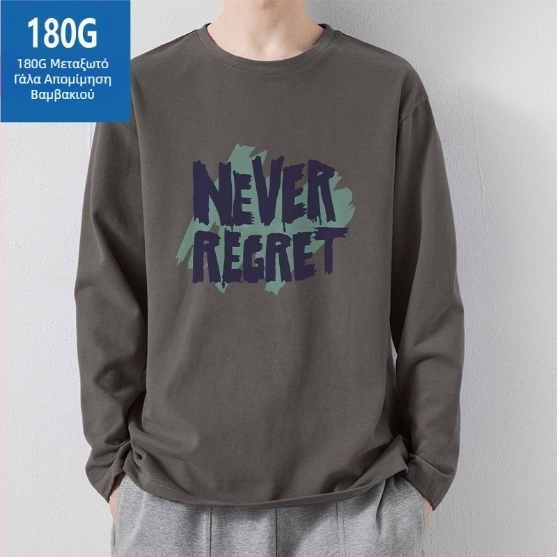 Ανδρικό μακρυ–μανικό T‑shirt με εκτύπωση γραμμάτων, 180 g, ύφασμα milk-silk που μιμείται το βαμβάκι, βασικό στρώμα φθινοπωρινό-χειμερινό, αμερικανικό στυλ, ευέλικτο