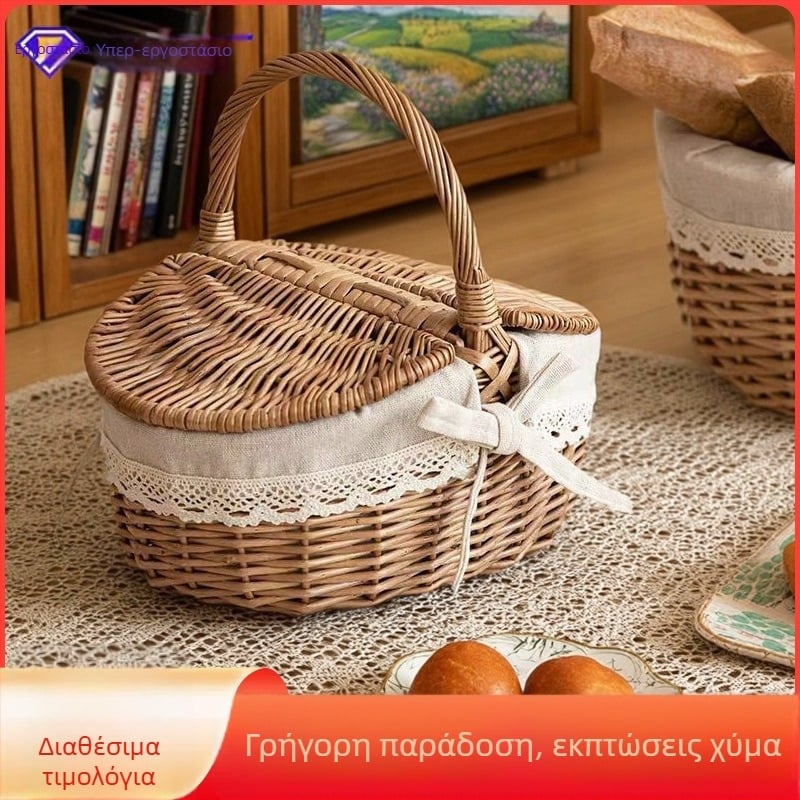 Ψάθινο καλαθάκι πικ νίκ για φρούτα και λαχανικά, φορητή μεταφορά και δώρο