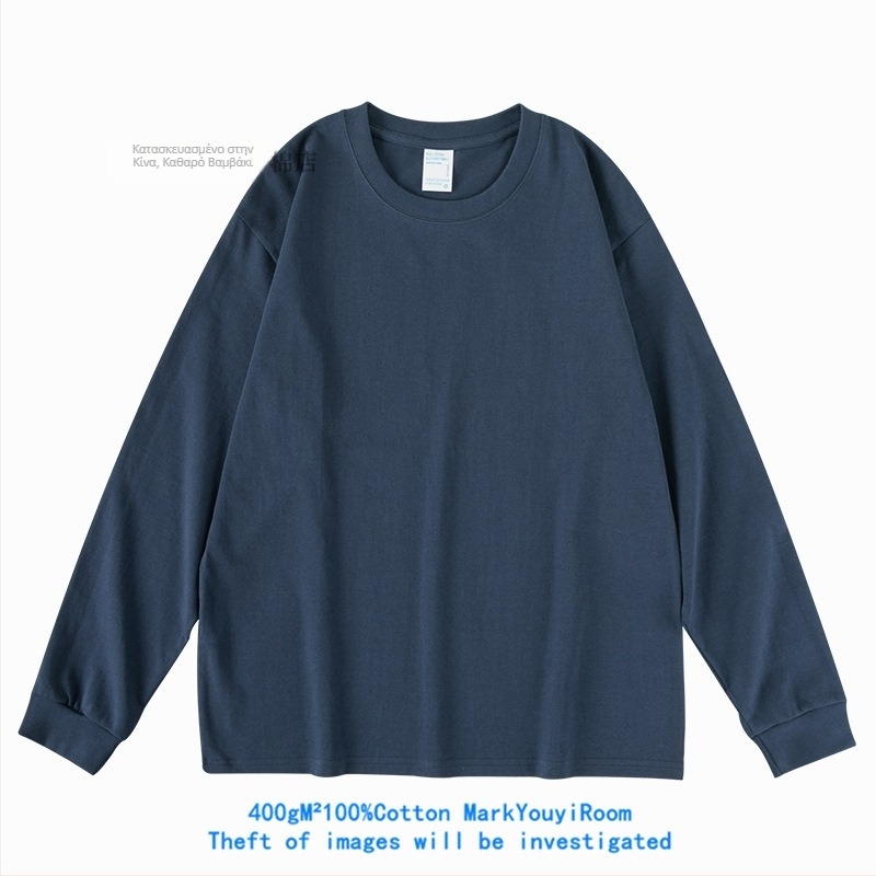 Ανδρικό μακρυμάνικο βαμβακερό T‑shirt, γκρι μεταλλικό, 400 g βαρύ, χαλαρή γραμμή, μονόχρωμο, παχύ και αδιαφανές