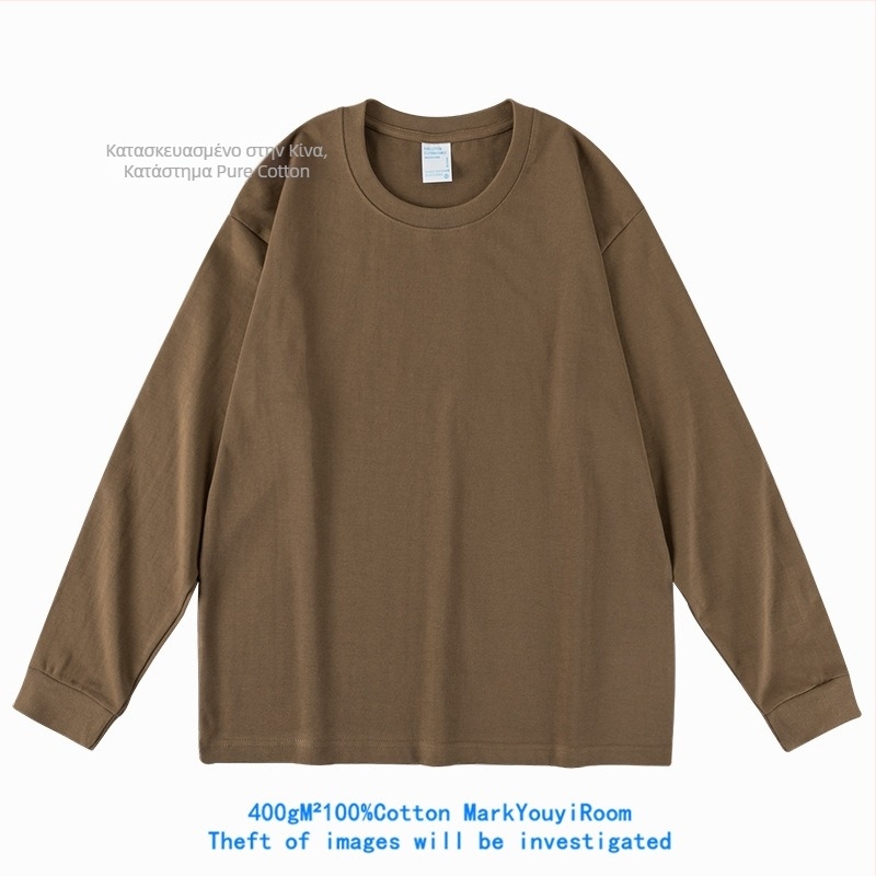 Ανδρικό μακρυμάνικο βαμβακερό T‑shirt, γκρι μεταλλικό, 400 g βαρύ, χαλαρή γραμμή, μονόχρωμο, παχύ και αδιαφανές