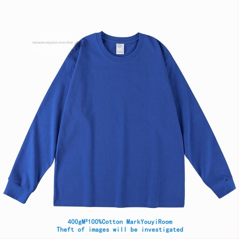 Ανδρικό μακρυμάνικο βαμβακερό T‑shirt, γκρι μεταλλικό, 400 g βαρύ, χαλαρή γραμμή, μονόχρωμο, παχύ και αδιαφανές