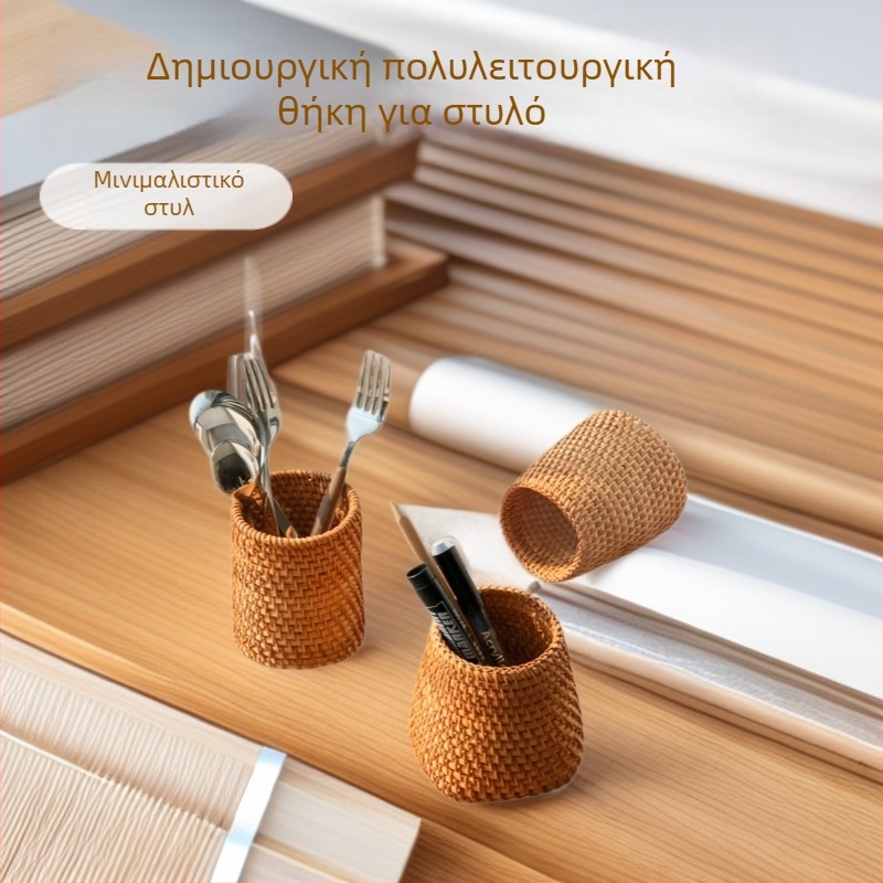 Δοχείο μαρκαδόρων από ράταν, κυκλικό πλεγμένο για γραφείο – δημιουργικός πολυλειτουργικός οργανωτής επιφάνειας