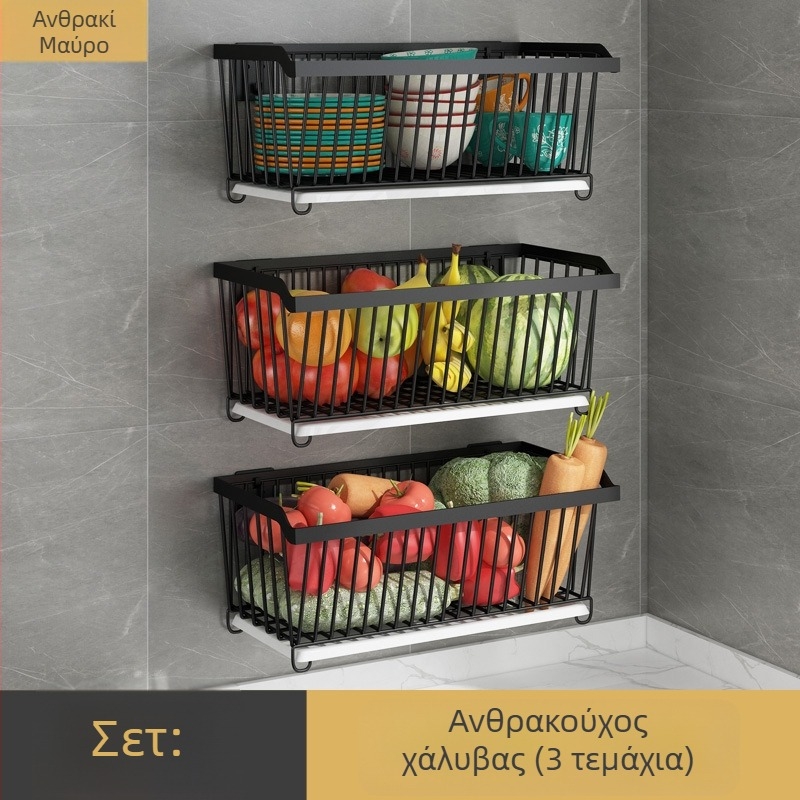Ράφι τοίχου από ανοξείδωτο χάλυβα 304, χωρίς διάτρηση, για κουζίνα και μπάνιο, μπλε καλάθι φρούτων και λαχανικών