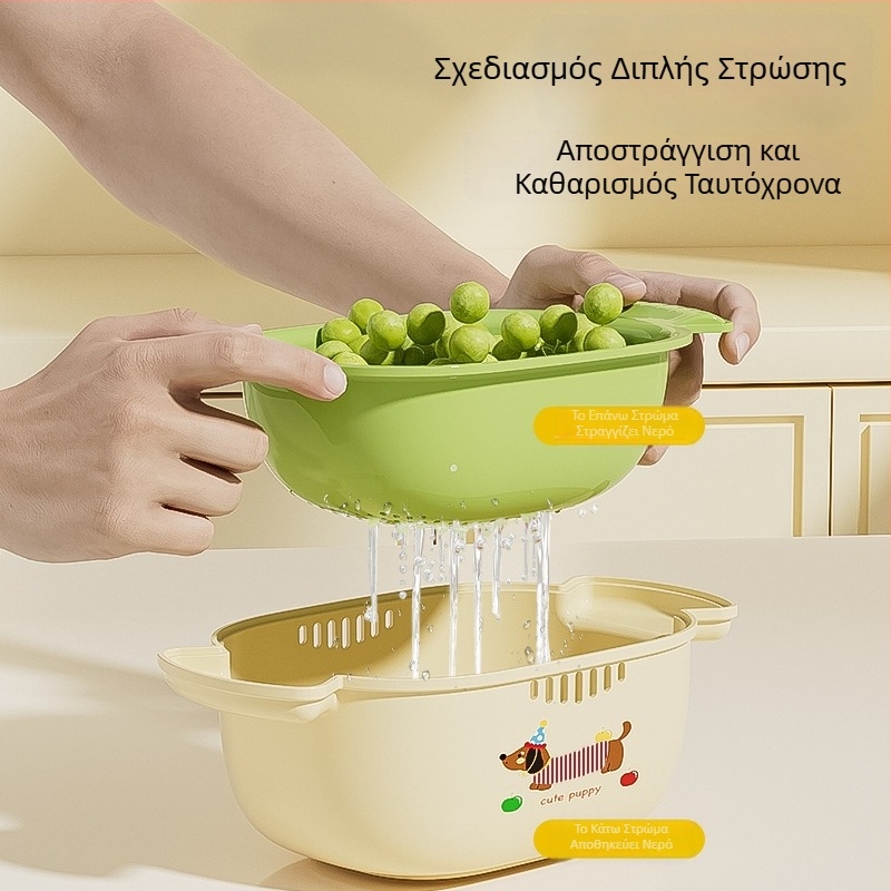 Διπλού επιπέδου κάλαθος αποστράγγισης, μπλε, μοτίβο φρούτων σε καρτούν, πολυλειτουργικός PP κάλαθος