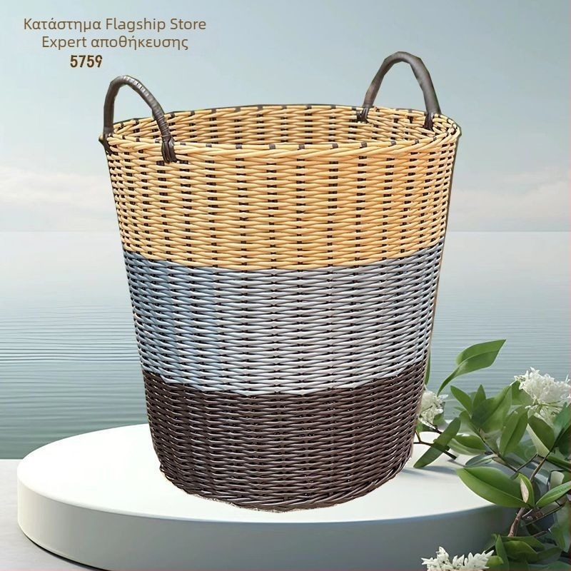 Πλεκτό καλάθι πλυμτηρίου για βρόμικα ρούχα, σχέδιο από ρατάν και μπαμπού, σε σχήμα μπαλόνι