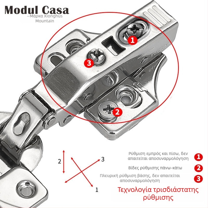 Modulcasa μεντεσές δύο σταδίων με 3D ρυθμιζόμενο αποσβεστήρα και νάιλον κύλινδρο για πόρτες ντουλάπας