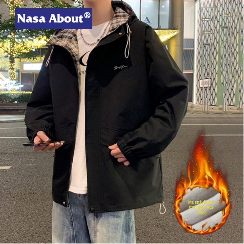 NASA ανδρικό μπουφάν με κουκούλα για φθινοπωρο-χειμερινό 2025, άνετη φλις επένδυση, παχύ χειμωνιάτικο παλτό