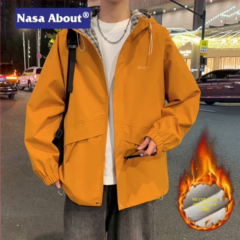 NASA ανδρικό μπουφάν με κουκούλα για φθινοπωρο-χειμερινό 2025, άνετη φλις επένδυση, παχύ χειμωνιάτικο παλτό