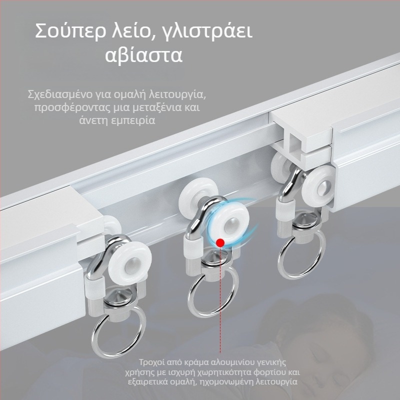 Καμπύλη ράγα κουρτινών τοίχου, εύκαμπτη και ρυθμιζόμενη, σε σχήμα U, επάνω ή πλευρική εγκατάσταση