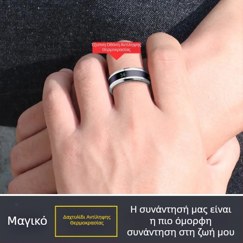 Ανδρικό δαχτυλίδι θερμοκρασίας — ευφυές από τιτάνιο-ατσάλι, μοντέρνος σχεδιασμός, αλλάζει χρώμα ανάλογα με τη θερμοκρασία σώματος, για τον δείκτη του χεριού