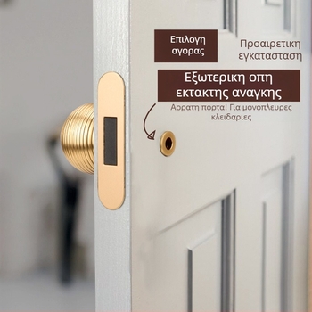 Κρυφή πόρτα με μονόπλευρη σφαιρική λαβή, αόρατη λαβή πόρτας, χρυσό φόντο τοίχου, πόρτα δωματίου από ξύλο, ήπιος πολυτελής στυλ