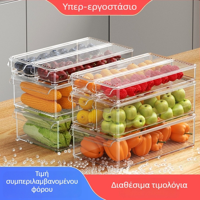 Κοντέινερ ψυγείου με χειρολαβή και καπάκι για αποθήκευση φρούτων, λαχανικών και αυγών