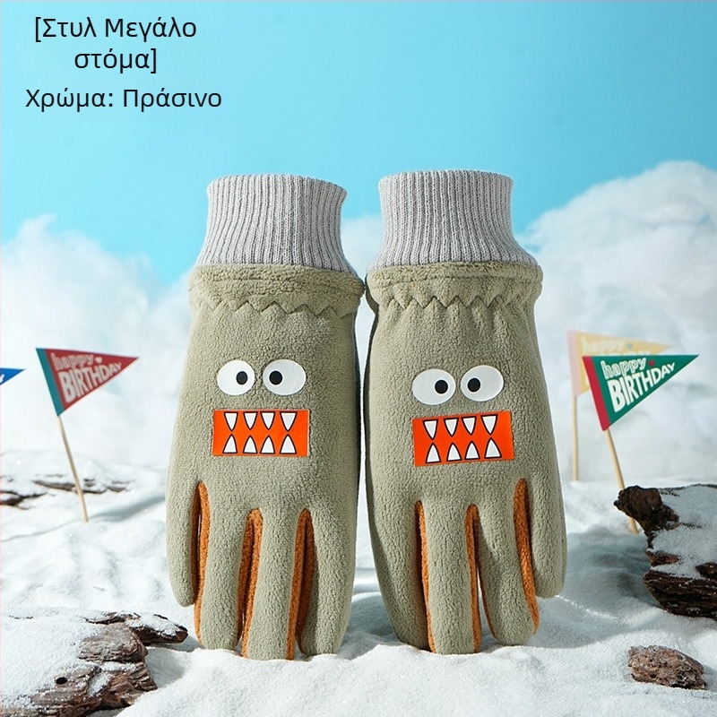 Νέα παιδικά γάντια με σχέδιο καρτούν, επένδυση φλίς, αντιανεμικά και ζεστά για φθινόπωρο–χειμώνα, για αγόρια και κορίτσια