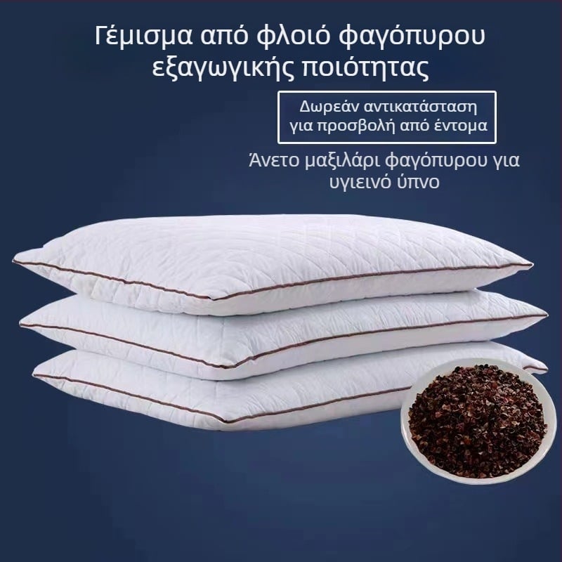 Μαξιλάρι φαγόπυρου με κάλυμμα από 100% βαμβάκι, γέμισμα από κελύφη φαγόπυρου, τρία επίπεδα στήριξης αυχένα, αναπνέει