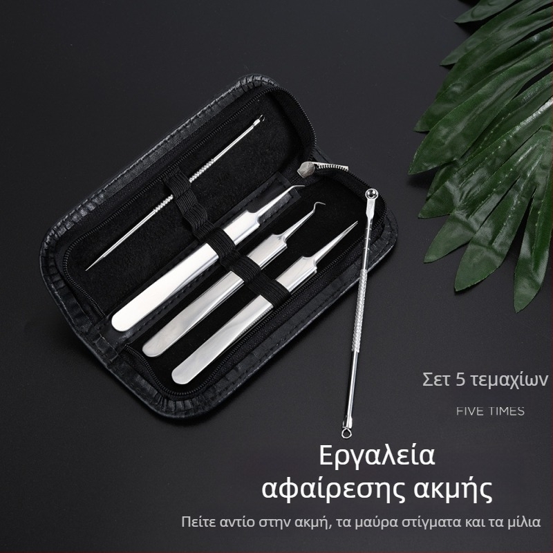 Πενταμελές σετ εργαλείων ομορφιάς από ανοξείδωτο ατσάλι με ηλεκτροπλατινωμένα εξαρτήματα για ακμή και μαύρα στίγματα: βελόνα ακμής και τσιμπίδες