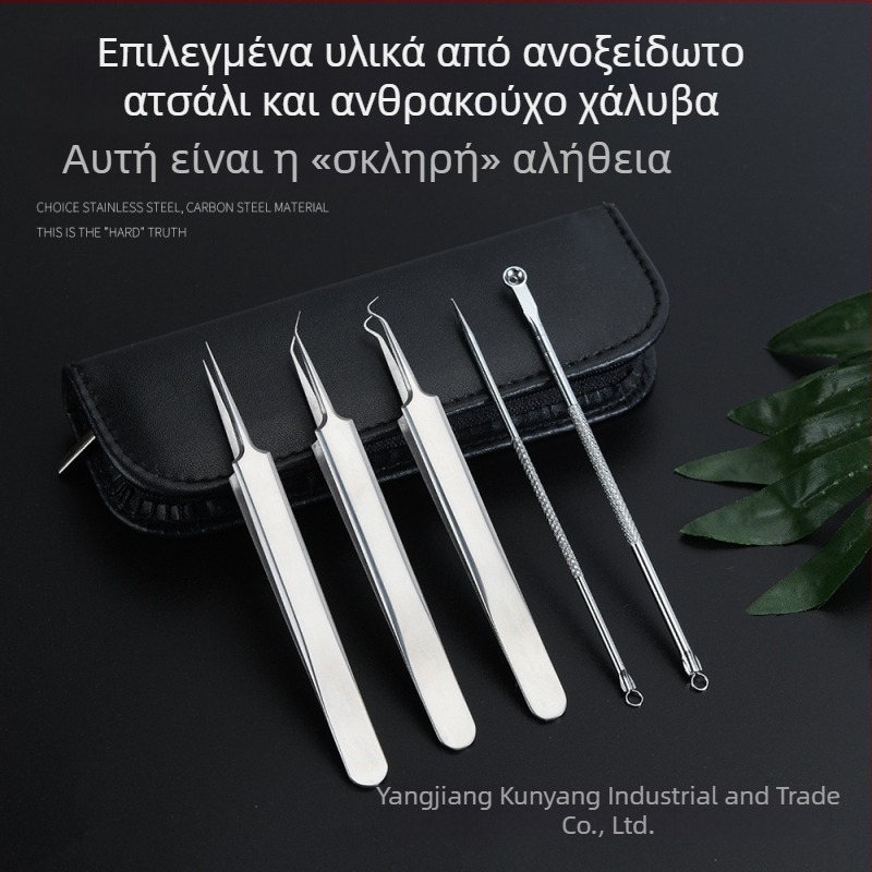 Πενταμελές σετ εργαλείων ομορφιάς από ανοξείδωτο ατσάλι με ηλεκτροπλατινωμένα εξαρτήματα για ακμή και μαύρα στίγματα: βελόνα ακμής και τσιμπίδες