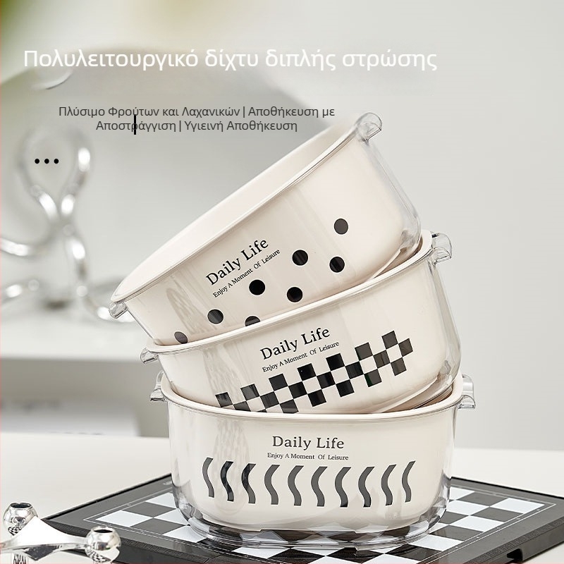 Διπλό επίπεδο πολυλειτουργικός κάδος στραγγίσματος κουζίνας, κάδος πλυσίματος φρούτων και λαχανικών, διαφανής δίσκος φρούτων