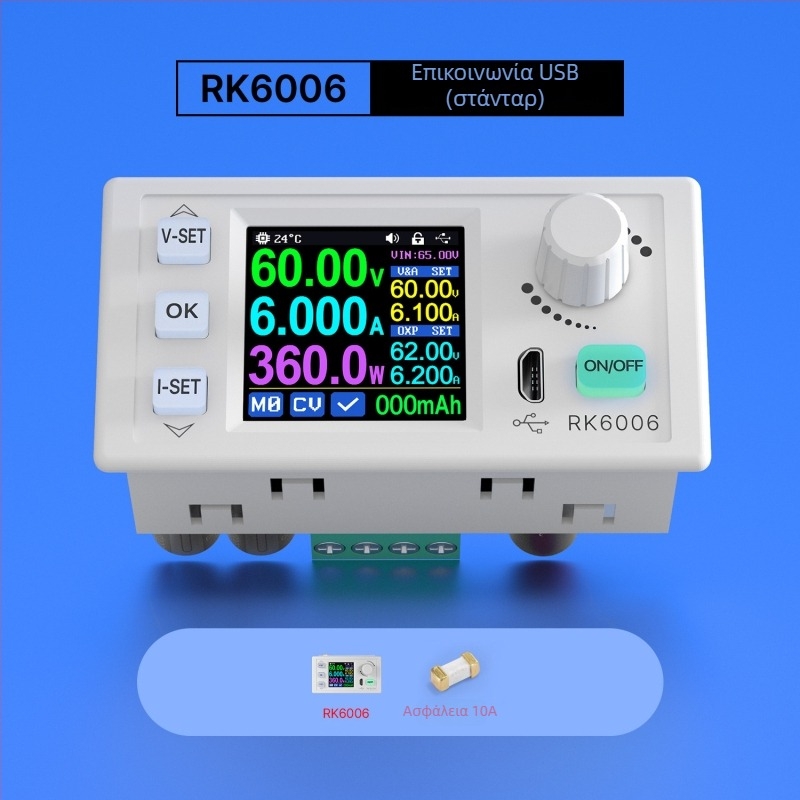 RK6006 ψηφιακή οθόνη, ρυθμιζόμενο DC τροφοδοτικό με πάνελ – μονάδα, είσοδος 24–48V, μείωση τάσης μπαταρίας, ευρύ φάσμα τάσεων, σταθερό ρεύμα