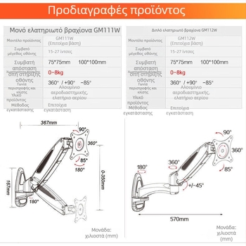 Gibbon GM111W 27 ιντσών βραχίονας τοίχου για οθόνη με πνευματική ανύψωση, τηλεσκοπική ρύθμιση ύψους και περιστροφή