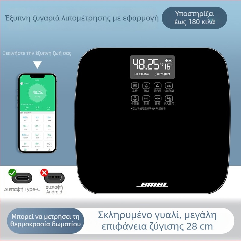 Shengzhi Ζυγαριά Σωματικού Λίπους με Μέτρηση Λίπους και Υγρασίας, Γυάλινη Επιφάνεια 280 mm