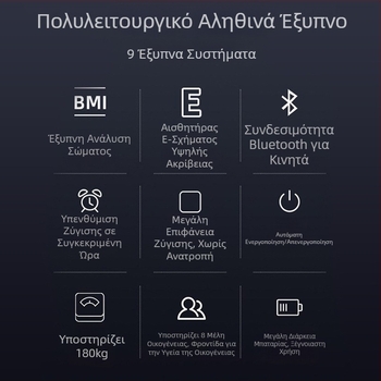 Έξυπνη ζυγαριά σώματος με επαναφορτιζόμενη μπαταρία, οικιακή χρήση, επιφάνεια από ανθεκτικό γυαλί, χωρητικότητα 360 kg, οθόνη LED 3 ιντσών