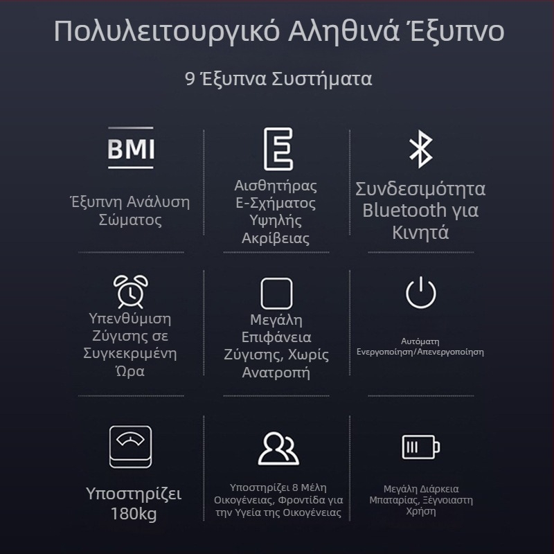 Έξυπνη ζυγαριά σώματος με επαναφορτιζόμενη μπαταρία, οικιακή χρήση, επιφάνεια από ανθεκτικό γυαλί, χωρητικότητα 360 kg, οθόνη LED 3 ιντσών