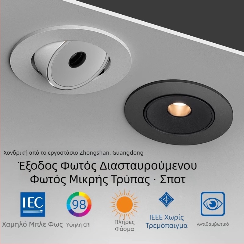 Ενσωματωμένο προβολάκι με ρυθμιζόμενη γωνία δέσμης, υψηλή αποδοτικότητα φωτισμού, αντιθαμπά, πλήρες φάσμα, υψηλό CRI, χωρίς κύριο λαμπτήρα