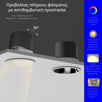 Ενσωματωμένο φωτιστικό οροφής με αντιθαμβωτικό φωτισμό για σαλόνι, οπή κοπής 75 mm, πλήρες φάσμα LED