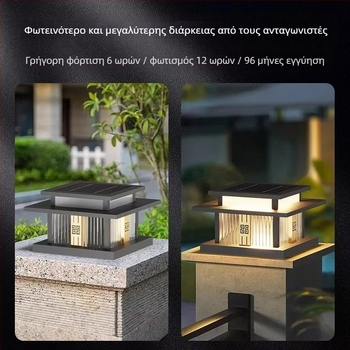 Ηλιακό LED λαμπτήρας πυλώνα για εξωτερικές πόρτες και φράχτες – ανοξείδωτο ατσάλι, IP55, Νέο κινεζικό στυλ