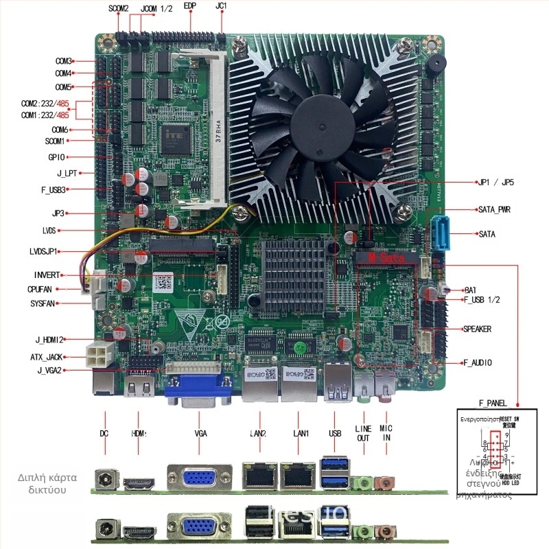 Heshuo HS77 HM65 Μίνι-ITX βιομηχανική μητρική κάρτα με διπλές θύρες δικτύου, έξι σειριακές θύρες RS-485 και δέκα θύρες USB για POS
