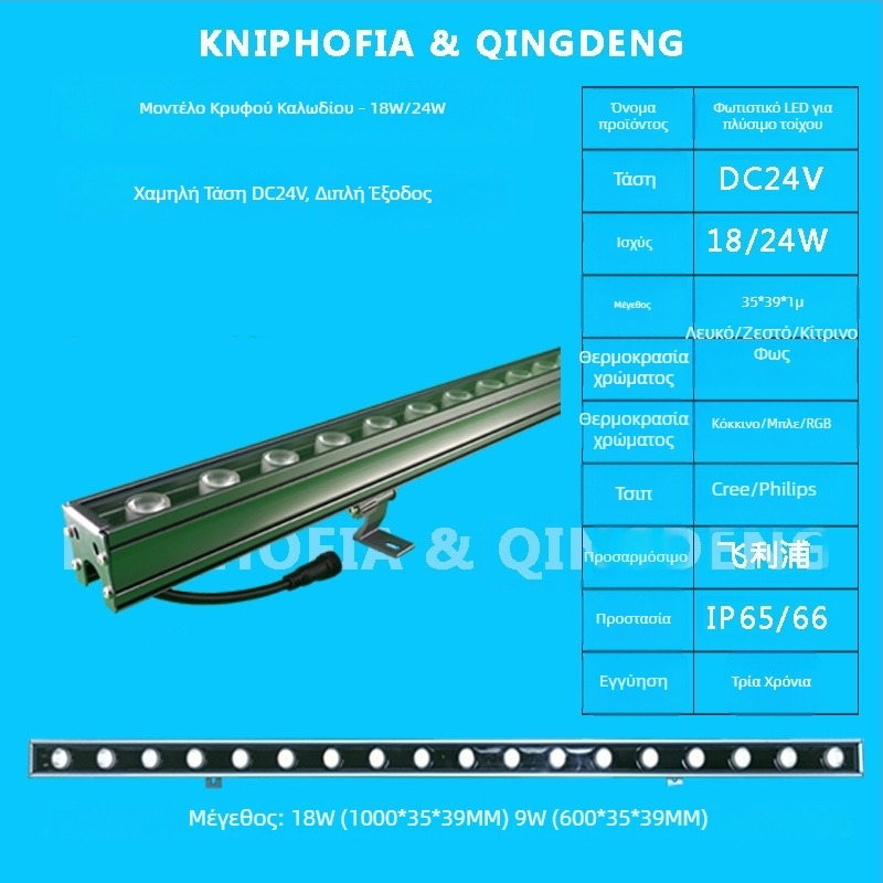 Εξωτερικό LED φως τοίχου (wall washer), αδιάβροχο, 24V/220V, λευκό, ζεστό λευκό και πολύχρωμα LED, με φράγμα και κρυφό καλώδιο, διπλός αγωγός για νυχτερινό σκηνικό φωτισμό