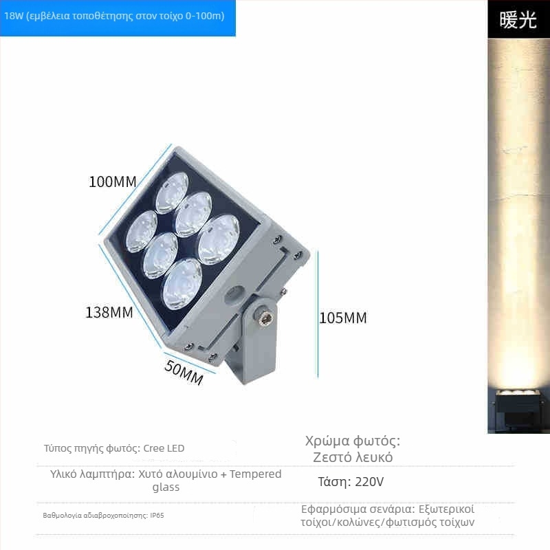 LED εξωτερικός αδιάβροχος προβολέας τοίχου για προσόψεις, IP65, υψηλής φωτεινότητας