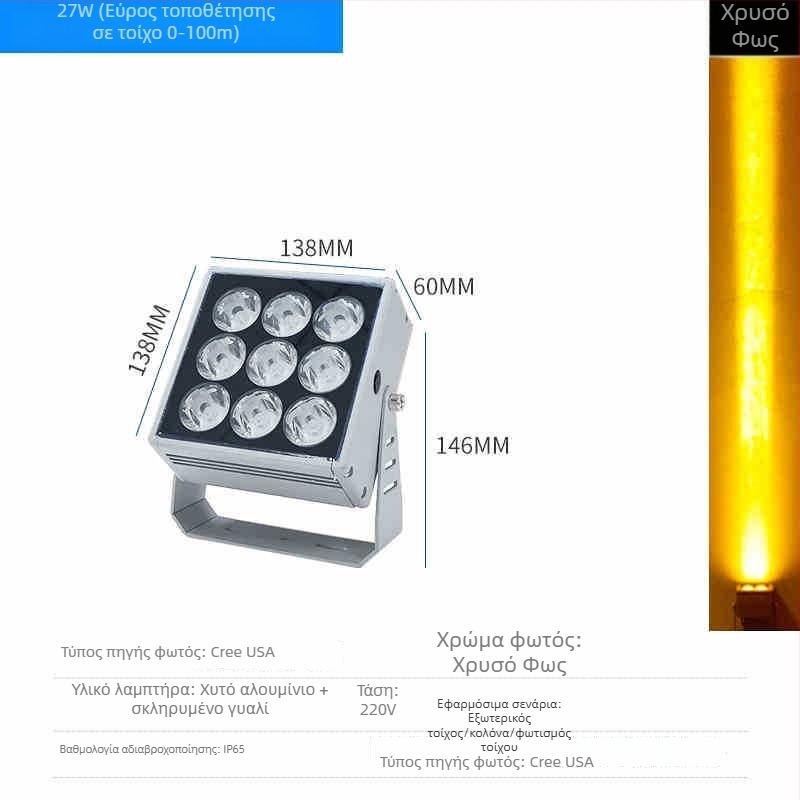 LED εξωτερικός αδιάβροχος προβολέας τοίχου για προσόψεις, IP65, υψηλής φωτεινότητας