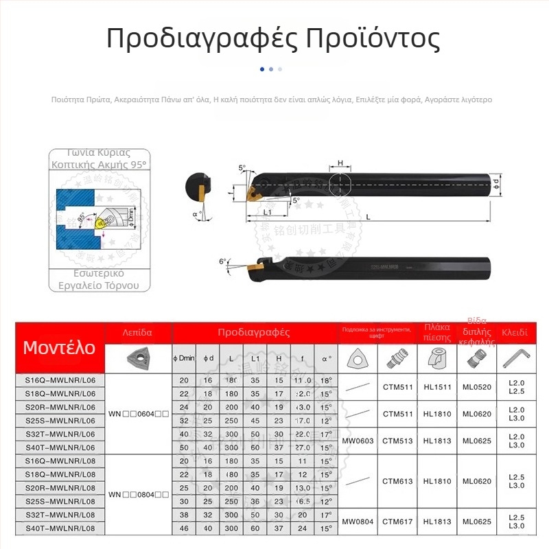 CNC φορέας εργαλείου για εσωτερική οπή, 95°, S20R-MWLNR08S16Q/S25S/S32T-MWLNL08
