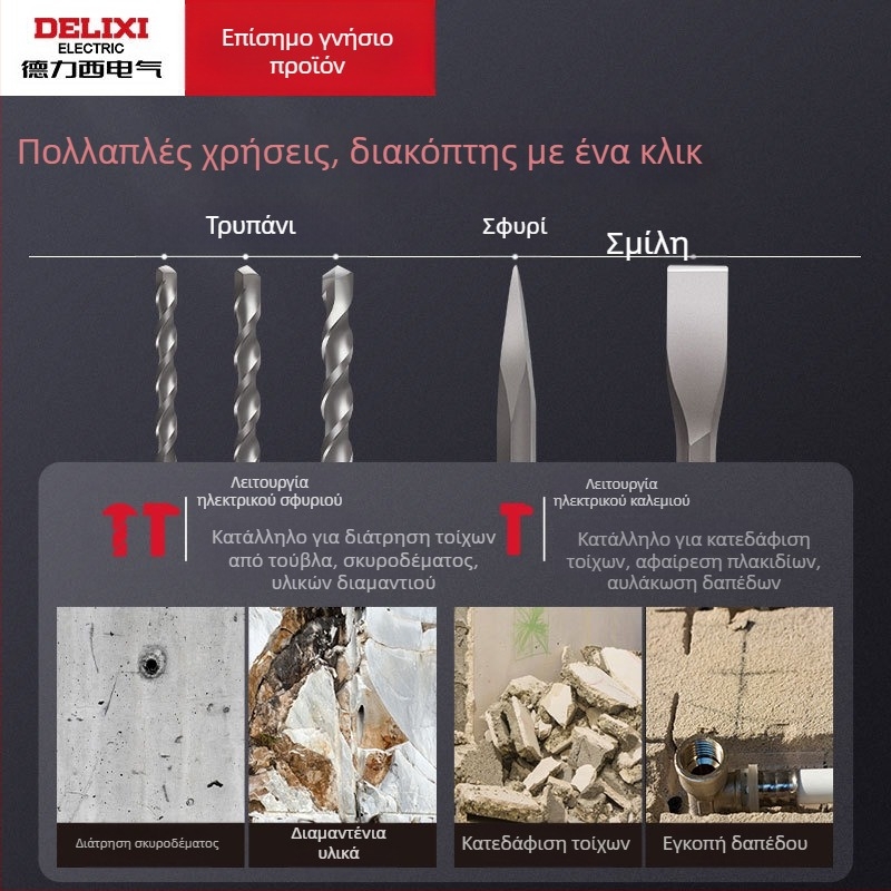 Delixi Ηλεκτρικό Διατρητικό Με Σφυρί Υψηλής Ισχύος για Μπετόν – Πολυχρηστικό Εργαλείο Οικιακής Χρήσης