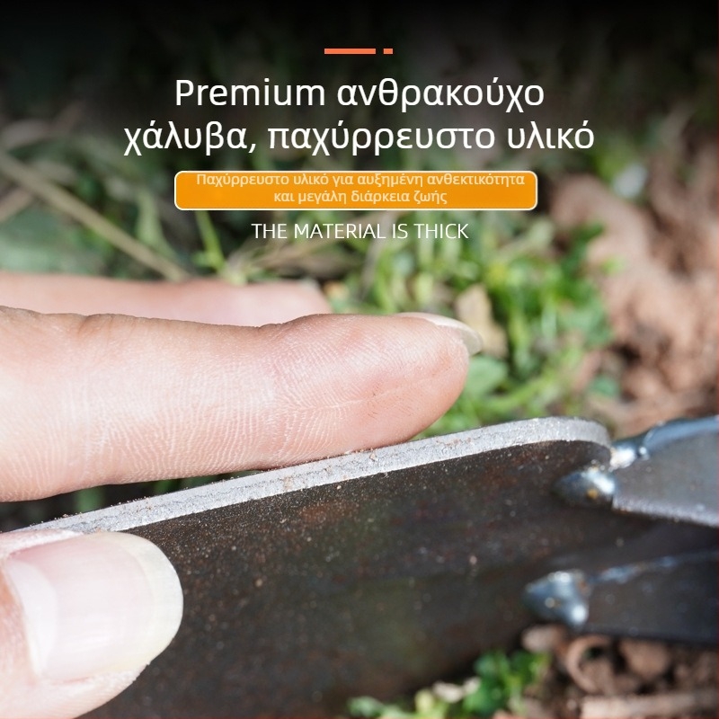 Εργαλεία ζιζανιοκτονίας και χαλάρωσης εδάφους με κοντή μεταλλική λαβή· μικρά φτυάρια σε διάφορα σχέδια και διπλής χρήσης σκαπάνη για ανάδευση εδάφους