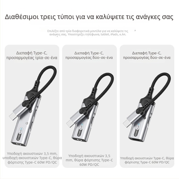 Type-C προσαρμογέας για iPad και Google, 3,5 мм τρία-σε-ένα βύσμα ακουστικών για ζωντανές μεταδόσεις και κλήσεις, U-Shield 60W
