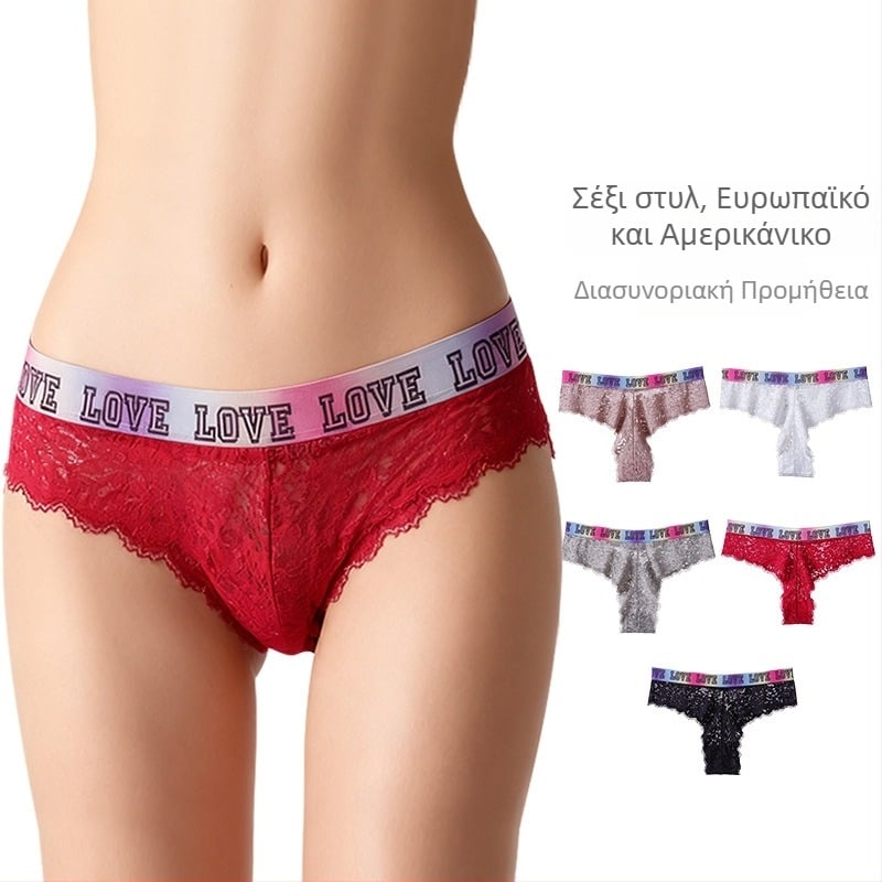 Γυναικείο δαντελένιο βαμβακερό στρινγκ, αντιβακτηριακή επένδυση στην περιοχή, ευρωπαϊκό στυλ, διάτρητο σχέδιο