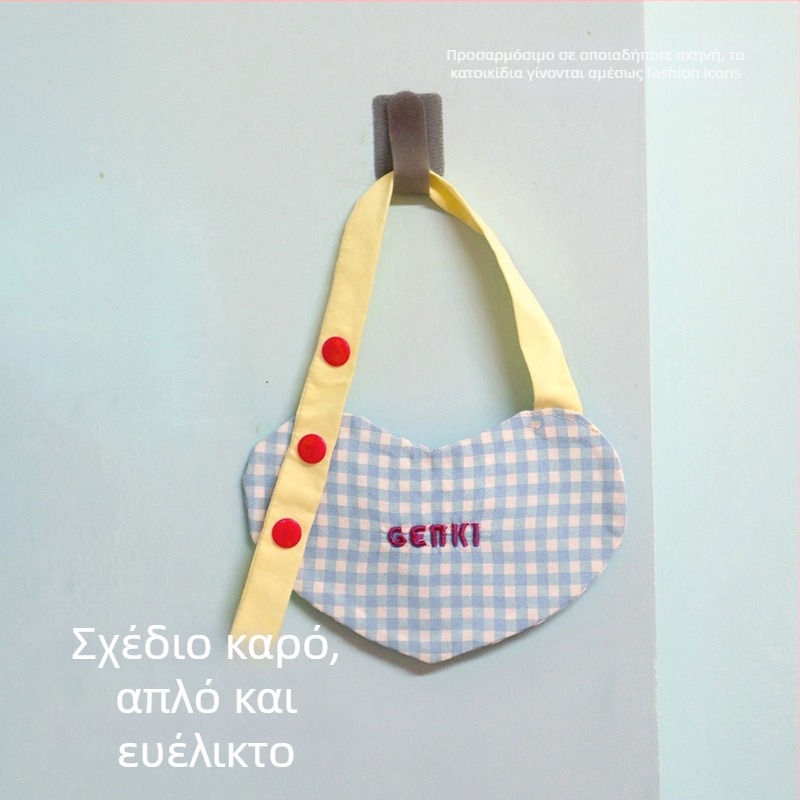 Μπιμπ κατοικίδιου με καρδιά-σχήματος καρό μοτίβο, κορεατικού στυλ, μινιμαλιστικός σχεδιασμός, ρυθμιζόμενο, για γάτες και σκύλους, ανθεκτικό στις λεκέδες και εύκολο στο πλύσιμο