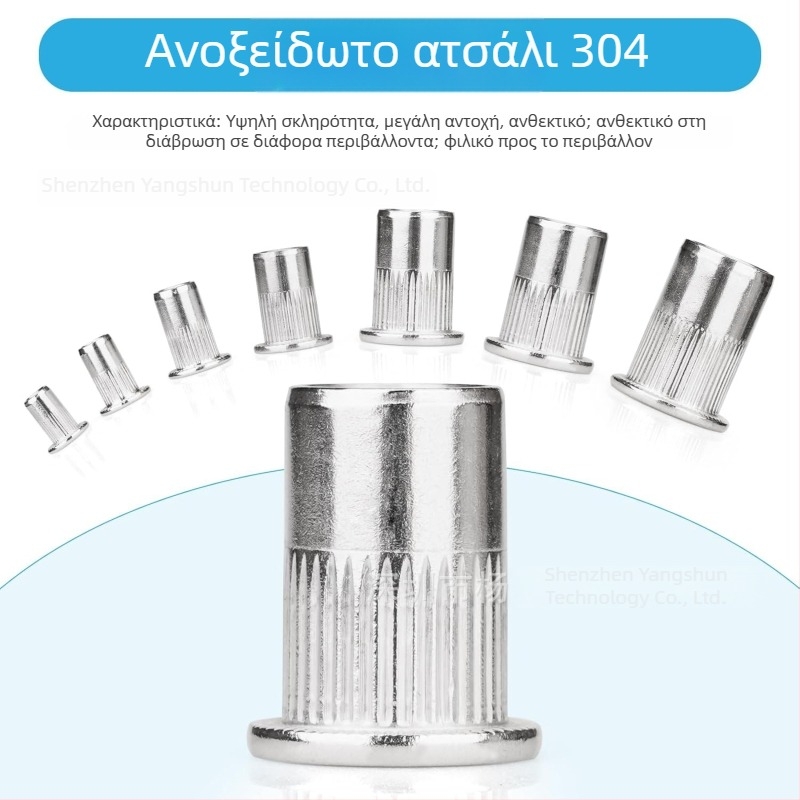 Κιτ 165 τεμαχίων από ανοξείδωτο ατσάλι 304 rivet nut M3–M10, επίπεδη κεφαλή, κάθετος ραβδωτός σχεδιασμός