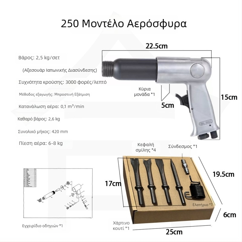 Σετ πνευματικού σφυριού μήκους 150 mm με κεφαλές καλέμι, καθαρισμό σκουριάς και κυκλική λαβή