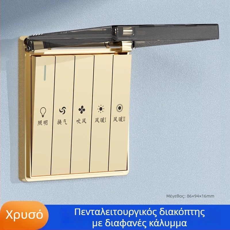 Διακόπτης μπάνιου για θέρμανση τύπου 86, πενταθέσια αδιάβροχη πλακέτα τοίχου, καθολος πέντε-σε-ένα διακόπτης θέρμανσης αέρα για μπάνιο, πλάκα με τέσσερις υποδοχές