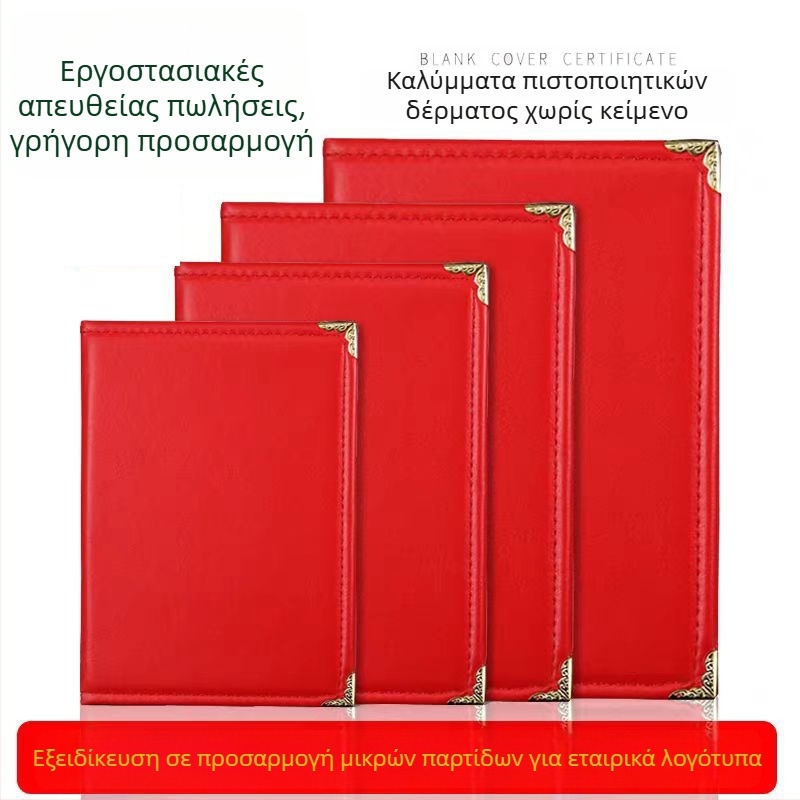 Κόκκινο κάλυμμα πιστοποιητικού από τεχνητό δέρμα, άδειο, μονοπλευρό, A4, σε απόθεμα