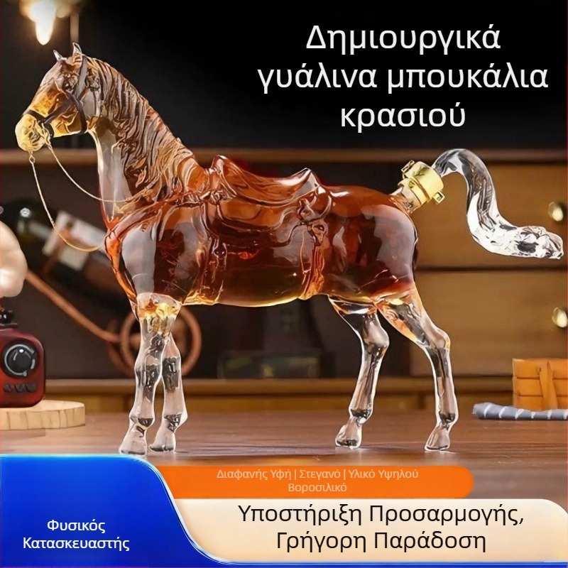 Ζωδιακός άλογος – γυάλινο μπουκάλι κρασιού και ντεκαντέρ από βορσιολιτικό γυαλί με ζωικό μοτίβο
