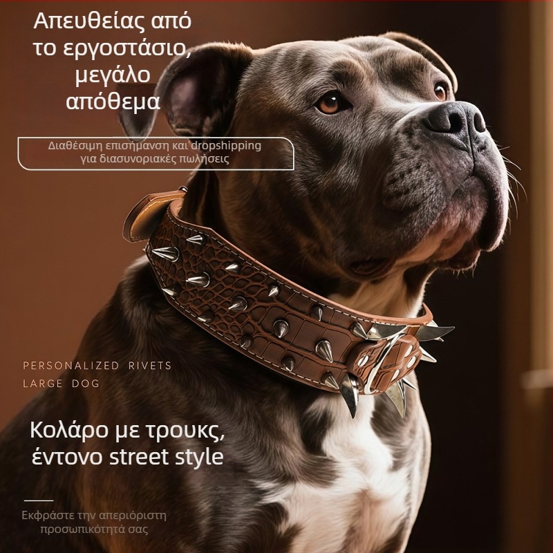 Μεγάλο περιλαίμιο σκύλου με μεταλλικά καρφιά, προστασία από δάγκωμα, μοτίβο κροκόδειλος, καμπύλο και φαρδύ σχέδιο
