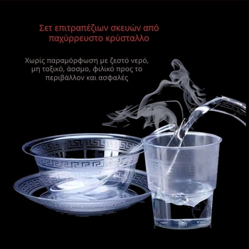 Μονόχρηστο τετραμελές σετ σερβιρίσματος με διαφανή μπολ, πιάτα, κύπελλα και κουτάλια, ατομικά συσκευασμένο, κατάλληλο για τρόφιμα.