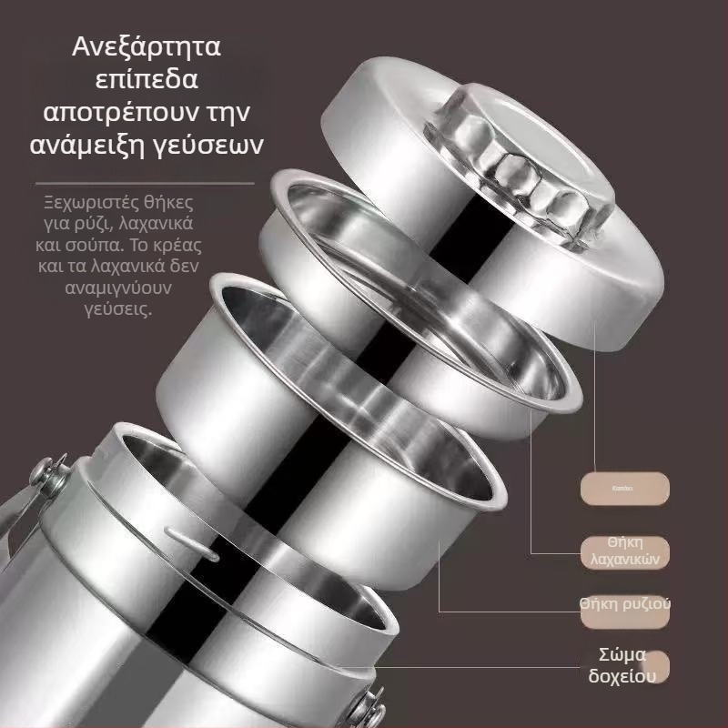 Ανοξείδωτη θερμομονωμένη θήκη γεύματος με διπλό στρώμα και παχύτερη κατασκευή, μεγάλη χωρητικότητα, διαχωριστικά, φορητή για μαθητές και ενήλικες
