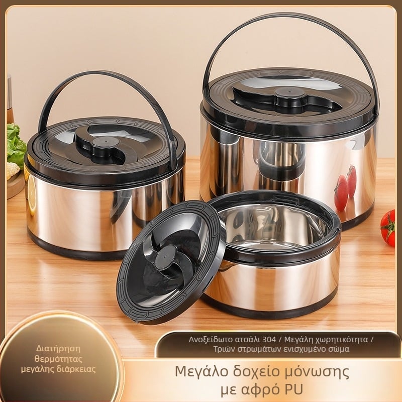 Ανοξείδωτο θερμικό κουτί γευμάτων με κατσαρόλι και κάδο πάγου – μεγάλη χωρητικότητα, φορητό σετ τριών τεμαχίων.