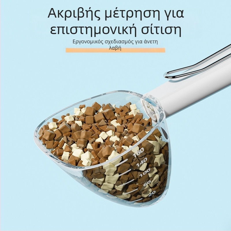 Διαφανικό κουτάλι φαγητού κατοικίδιων με κλίμακα μέτρησης, μακρύ χειρισμό, πολυλειτουργική κουτάλα και μετρική κούπα από ανοξείδωτο ατσάλι